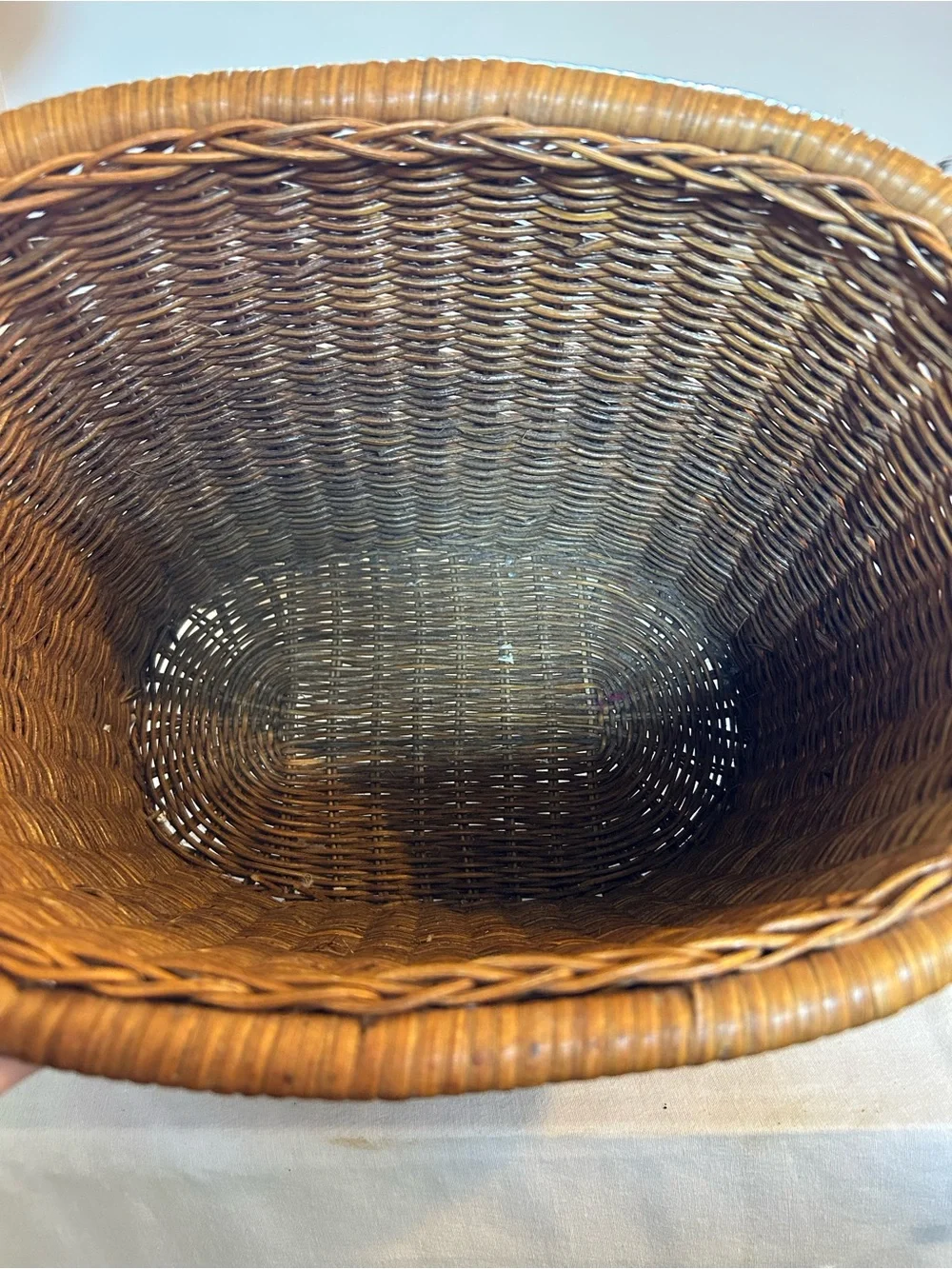 Woven Rattan Storage Basket with rope trim - Brown, trash can